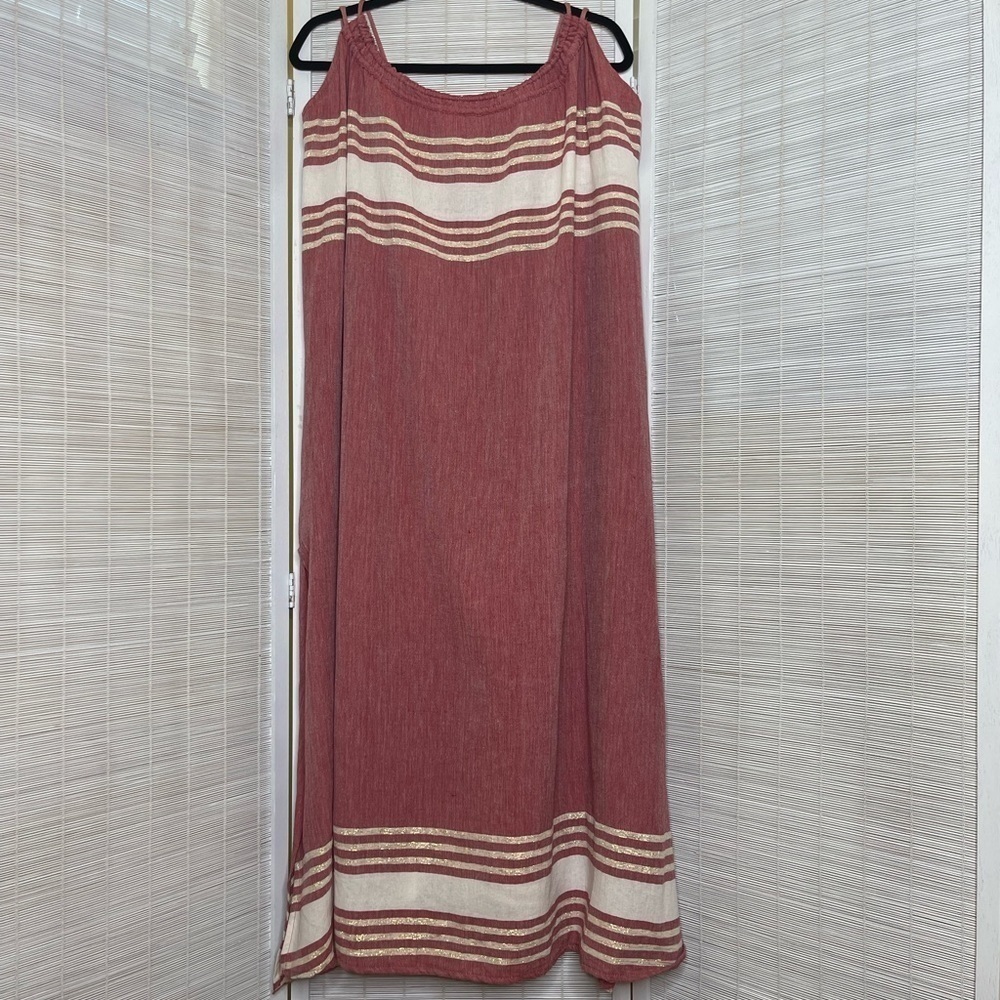 Anthropologie Sundress Red Gold Striped Maxi Tie Straps Side Slits NWT Size M/L